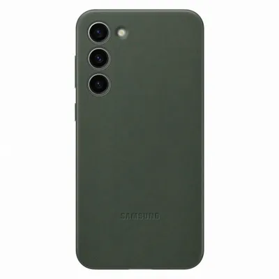 The back of a dark green Samsung phone case with a camera cutout and the Samsung logo embossed on it.