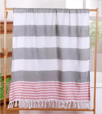 Immagine prodotto di FEBE telo da spiaggia telo da bagno grigio e rosso cotone 180x80 cm Ultraleggero con annodatura a mano telo hammam telo sauna telo da pic-nic coperta Asciugamano