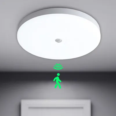 A white circular LED ceiling light with a motion sensor is mounted on a gray ceiling. A green graphic of a person walking with motion waves emanates from below the light, indicating its motion-sensing feature.