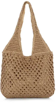Produktbild von Unyqoos® Handgewebte große Strandtasche aus Stroh für Damen – Boho-Schultertasche 36 x 30 x 5 cm, naturfarben, Magnetverschluss