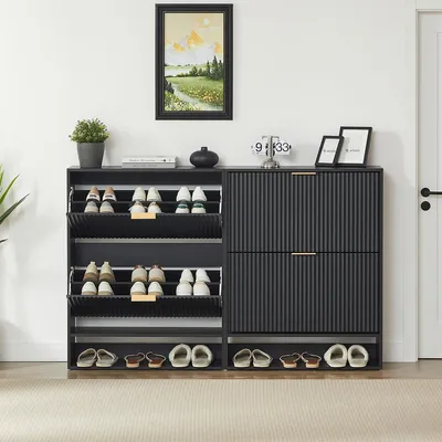 Produktbild von Schuhschrank mit Nutfront, Kippschutz und Ablagefläche Schuhregal Schuhkipper für den Flur 80 x 24 cm Schwarz