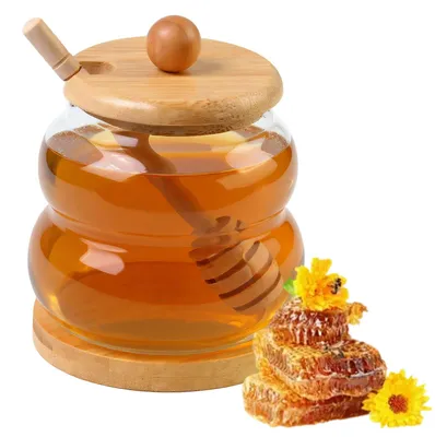 Produktbild von Honigglas mit Deckel und Honiglöffel - Honigspender aus Glas - Aufbewahrung für Honig, Sirup und Marmelade - 330 Milliliter