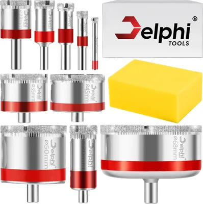 Produktbild von DELPHI Diamant Lochsäge SET ⌀ 6-68mm - 10 Stücke Diamant Lochsäge mit KÜHLSCHWAMM - Diamantbohrer Hohlbohrkrone für Feinsteinzeug, Keramik, Glas