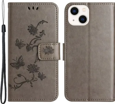 Produktbild von iPhone 15 Plus Hülle - Coverup Blumen & Schmetterlinge Klapphülle - Taupe Grau