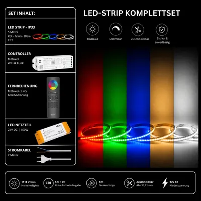 Produktbild von LED Streifen Set RGBCCT IP33 – COB LED Streifen 24V, 21 W/m, 5m, punktfrei – SS150 Netzteil, WL5 WiFi Controller  und  C5 Fernbedienung Schwarz