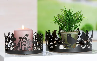 Immagine prodotto di Gilde Deko-Tablett, rund, "Frühlingswiese", Blumendesign, Metall, schwarz, VE 6, 2 Stück wie abgebildet, H. 8 cm, D. 16 cm 69532
