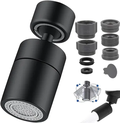 Imagen del producto de Regulador de chorro de agua giratorio 360°, con 2 modos de funcionamiento, incluye protección contra salpicaduras y 5 adaptadores de rosca, ideal para cocina y baño