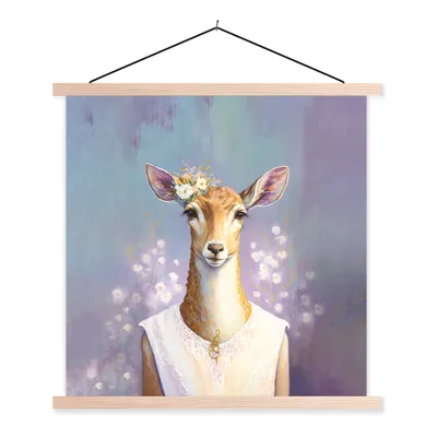 Produktbild von MuchoWow® Textilposter Hirsche - Blumen - Gemälde - Porträt - Tiere 120x120 cm mit holzfarbenen Rahmen - Textil-Poster