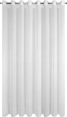 A white sheer curtain hanging from a curtain rod.