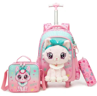 Immagine prodotto di Zaino da scuola con rotelle per bambine, set da 3 pezzi con sacchetto per snack ed astuccio, bianco con motivo gatto, 42x30x20 cm