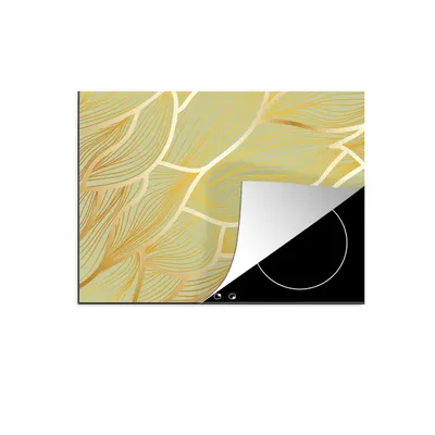 Produktbild von KitchenYeah© Herdabdeckplatte Goldene Wellen auf grünem Hintergrund , 77x59cm, Küche Deko, Glaskeramikkochfeld Herdabdeckung, Abdeckplatte fùr Kochfeld