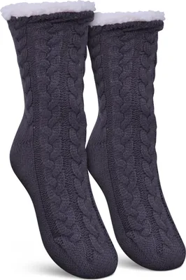 Produktbild von Haussocken (Grau / 1 Paar) Damen mit Teddyfutter - Hüttensocken mit Anti-Rutsch-Sohle - ABS Norweger Socken Zopfmuster - Kuschelsocken Einheitsgröße Stopper