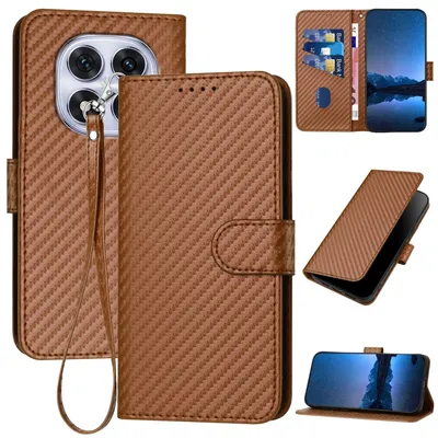 Produktbild von Für Xiaomi Redmi Note 14 Pro 5G Carbon Fiber Kunstleder Hülle mit Lanyard Braun