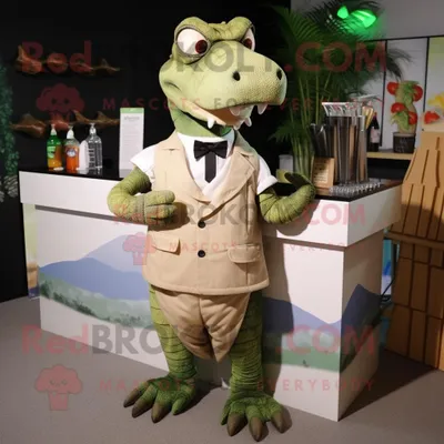 Produktbild von Hellbraunes REDBROKOLY Krokodil Maskottchen Kostüm gekleidet in ein Cocktailkleid und Krawatten