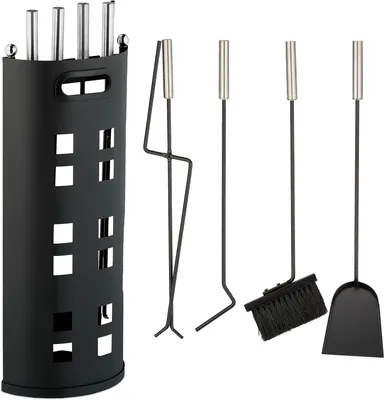 Productafbeelding van 5-delige haardset, aspook, asschep, borstel, haardtang, houder, modern haardstel, openhaard accessoires, zwart