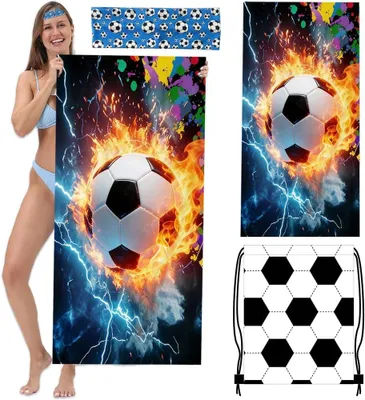 Obrázok produktu pre Rýchloschnúci uterák na futbal, 63 x 80 cm, s čelenkou a taškou, vhodný na pláž a do kúpaliska