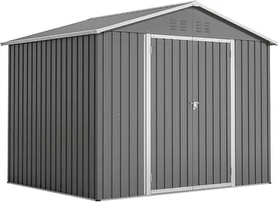 Productafbeelding van Tuinhuis van metaal, 229x180x191 cm, 7,9 m².  Schuur met fundering en zadeldak, weerbestendige tuinschuur voor fietsen en tuingereedschap, grijs