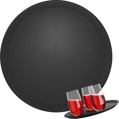 Produktbild von WELLGRO Kellnertablett Schwarz Ø 35 cm – Rutschfestes Serviertablett, Antirutsch, hoher Rand, Gastronomie, Restaurant, Bar, Catering, robust