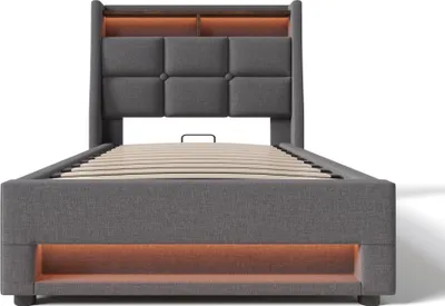 Produktbild von Flieks Polsterbett 90x200cm mit USB, Jugendbett Einzelbett mit Lattenrost und Stauraum, Stauraumbett mit LED, Leinen, Grau