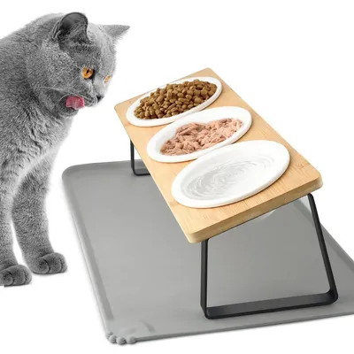Produktbild von Erhöhter Futternapf Katze Futterstation Katzennapf - 3 Keramiknäpfe - Holzständer - 15° geneigt