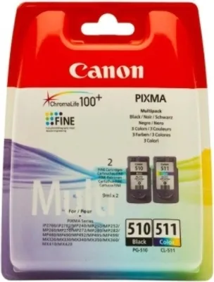 Zdjęcie produktu dla Canon PG-510 / CL-511 Multi pack - 2-pak - Czarny, kolorowy (cyjan, magenta, żółty) - Oryginalny - Wkład atramentowy - do PIXMA MP230, MP237, MP252, MP258, MP270, MP280, MP282, MP499, MX350, MX360, MX410, MX420 (2970B010)
