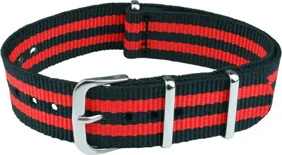 Produktbild von ClassicWatchStraps Nylon Uhrenarmband - Schwarz/Rot (5 Streifen), 18 mm, Silber poliert
