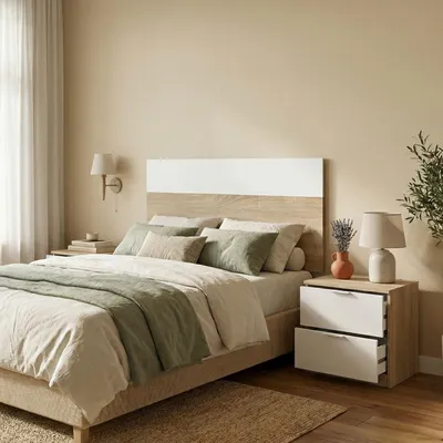 Produktbild von Nachttisch Dfarron, Nachttisch mit zWeißchubladen und Kopfteil für 90 Einzelbetten, 150x50x38, 50x38h75 cm, Eiche und Weiß