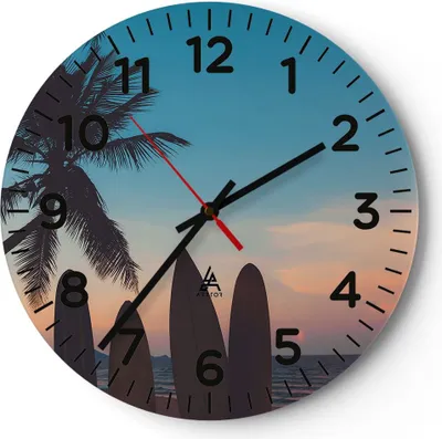 Produktbild von Wanduhr - Rund - Glasuhr - Strand Meer Palme - 40x40cm - Schleichendes Uhrwerk - Lautlos - zum Aufhängen bereit - Dekoration Modern - Wanddekoration aus Glas - C4AR40x40-4080