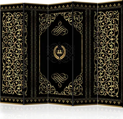 A black folding screen with ornate gold patterns, depicting a regal and decorative design.