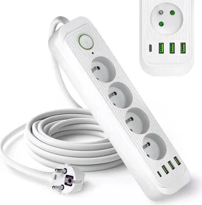 Obrázek produktu pro Zásuvková lišta KOBI CONNECTO bílá 4 zásuvky 3 m PRODLOUŽOVACÍ KABEL se 4x USB s vypínačem a uzemněním