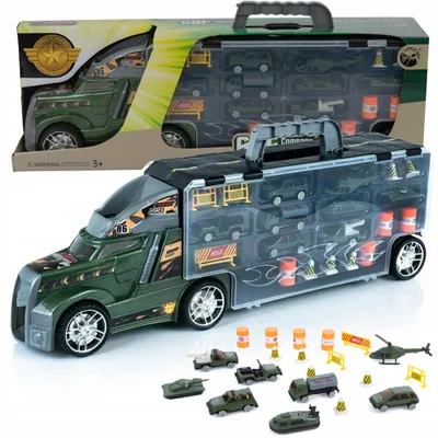 Produktbild von Spielzeug-LKW Militär mit 8 Spielzeugautos und Katapult – Autotransporter im Kofferformat mit Griff, Militär Modellautos, Spielmatte
