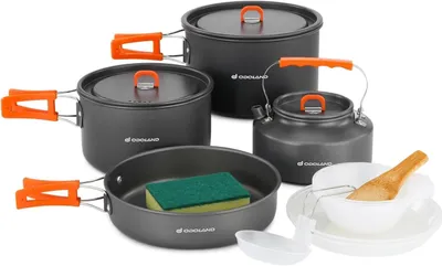 Produktbild von Odoland Camping Geschirr Set 15 Teilig Aluminium Outdoor Kochtopf Set für 4-5 Personen