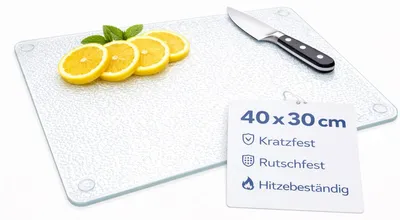 Produktbild von Schneidebrett aus Glas, 40 x 30 cm, Küchenbrett, mit rutschfesten Füßen, hygienisch, hitzebeständig