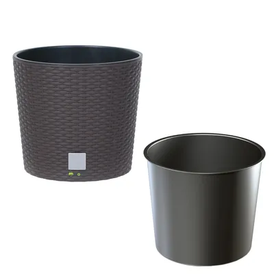 Produktbild von Rund Blumentopf 37,6 L Rattan-Optik Umbra Dunkel Braun Pflanzkübel h. 37,5 cm mit Innenkasten 35 L schlanke Form niedrig Übertopf aus Kunststoff