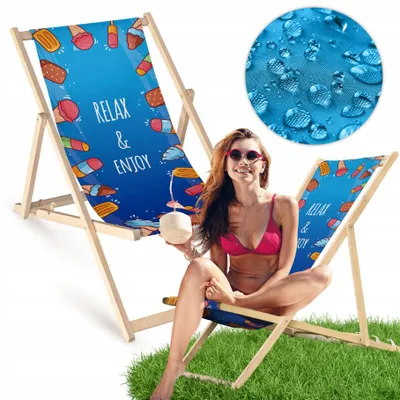 Obrázek produktu pro Skládací dřevěné zahradní lehátko s potiskem „Relax & Enjoy” – plážové a zahradní lehátko
