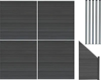 Produktbild von WPC Steckzaun x4, Eckstück x1 & LED Zaunpfosten x5, 1,85m Grau Gartenzaun