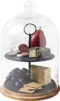 Produktbild von 2-lagiger Servierständer Kuchendisplay Abdeckung 22x31cm schwarz Glas Holz