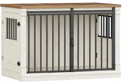 Image de Cage pour chien 101 cm - Cage d'intérieur - 3 portes dont une coulissante - Pour chiens de taille moyenne - Métal et bois robustes - Blanc et marron