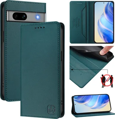 Obrázek produktu pro Kožené pouzdro pro Google Pixel 7A, flipové pouzdro s přihrádkami na karty, peněženkou a stojánkem Tmavě zelená