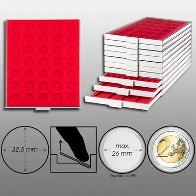 Produktbild von Prophila Collection Münzbox grau 35 runde Fächer für Münzen bis 32,5mm (10-/20-€URO-Gedenkmünzen), rote Einlage