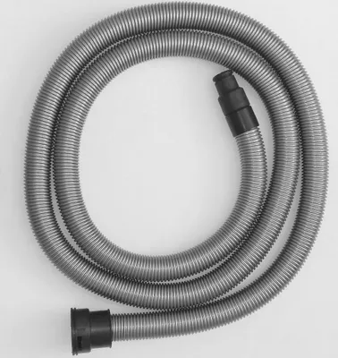 A coiled vacuum cleaner hose with black connectors on both ends, laid out on a white background.