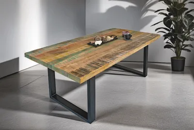 Produktbild von Refurbished Möbelretoure Esszimmertisch Mangoholz Bunt massiv U-Gestell schwarz Esstisch 200 x 100 cm LIBRO