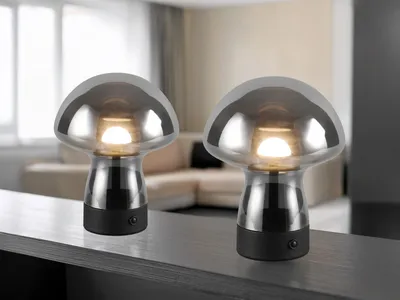 Produktbild von 2er SET kleine kabellose Akku Tischlampen aus Rauchglas aufladbar, Höhe 18cm