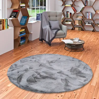 Produktbild von Luxus Super Soft Fellteppich Plush Grau Meliert Rund, Größe:120 cm Rund