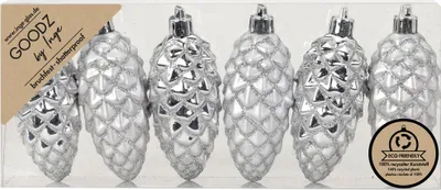 Christbaumschmuck Zapfen 9cm Kunststoff 6er Set - Silber