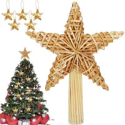 Productafbeelding van Kerstboompiek Ster met 3D-effect - Mini Stroster - Kerstversiering - Cadeauhanger - Natuurlijke Materialen - 20 x 30,5 cm - Kerstster