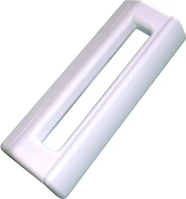 A white refrigerator handle against a white background.