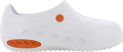 A side view of a white clog-style shoe with orange accents.