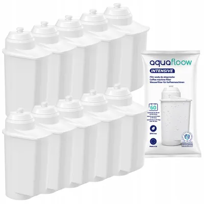 A group of white water filter cartridges are arranged diagonally in the foreground, with a packaged water filter in the background.