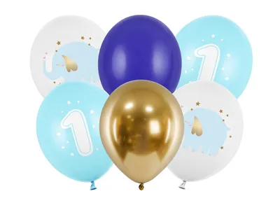 Image de 6 ballons 1er anniversaire éléphant bleu or